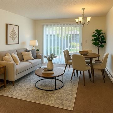 Lakewood apartment for rent - A living room with a grey couch, a coffee table, a dining table with chairs, a floor lamp, and a potted plant.