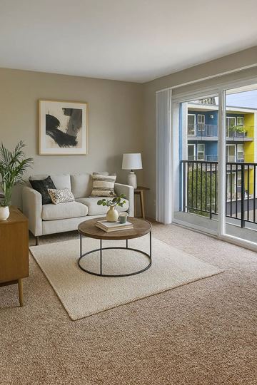 Burien apartment for rent - A living room with a white couch, a coffee table, and a painting on the wall.