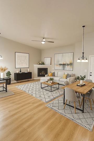 Spokane apartment for rent - A modern living room with a fireplace and a dining table set up.
