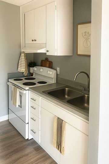 Tacoma apartment for rent - A kitchen with a white oven and sink.