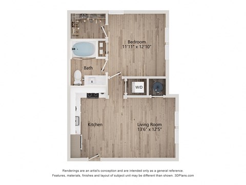 Floor plan for 1 bed, 1 bath, 646 sqft
