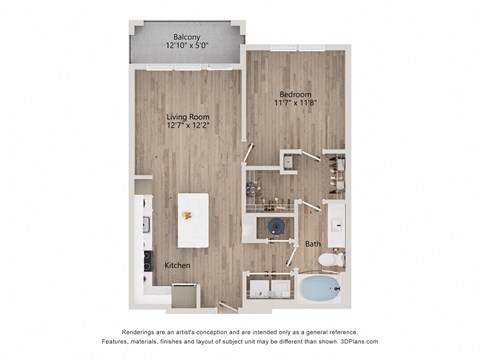 Floor plan for 1 bed, 1 bath, 749 sqft
