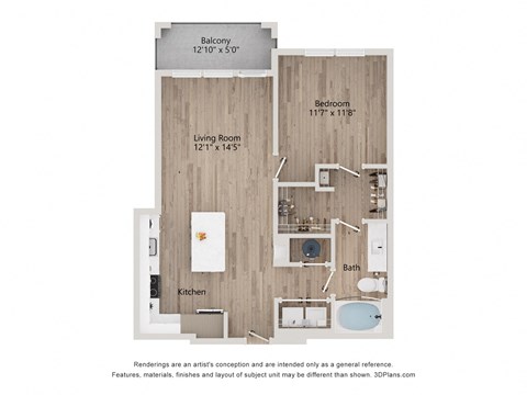 Floor plan for 1 bed, 1 bath, 764 sqft