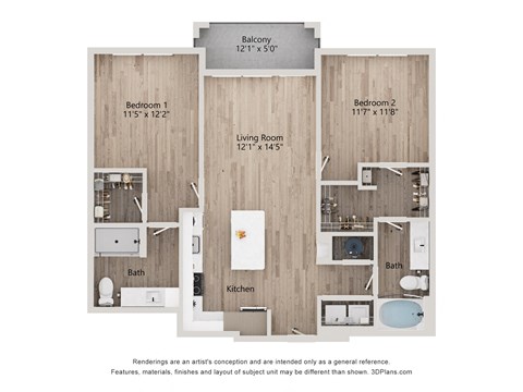 Floor plan for 2 beds, 2 baths, 1073 sqft