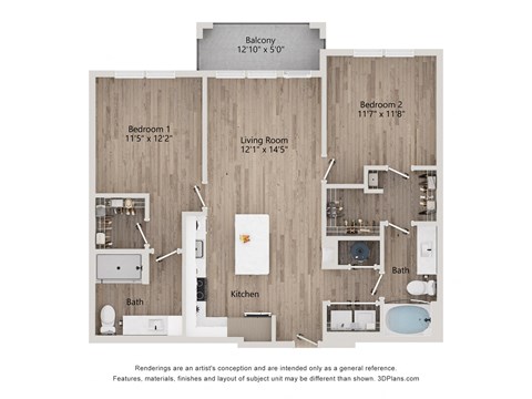 Floor plan for 2 beds, 2 baths, 1067 sqft