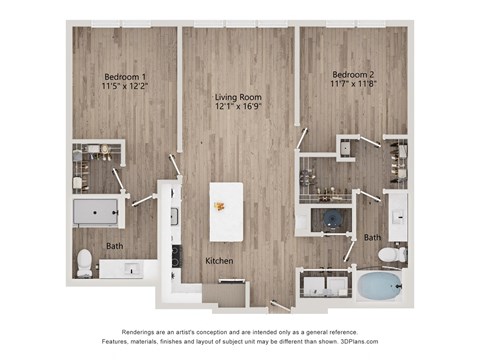 Floor plan for 2 beds, 2 baths, 1101 sqft