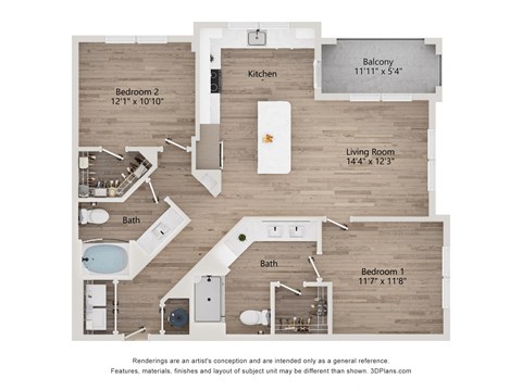 Floor plan for 2 beds, 2 baths, 1125 sqft