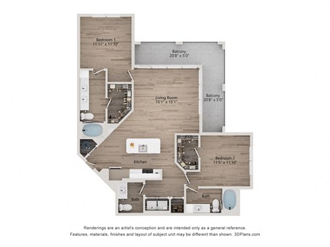 Floor plan for 2 beds, 2 baths, 1236 sqft