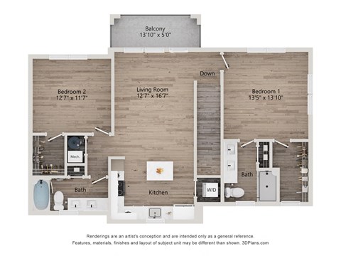 Floor plan for 2 beds, 2 baths, 1186 sqft