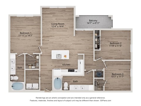 Floor plan for 3 beds, 2 baths, 1342 sqft