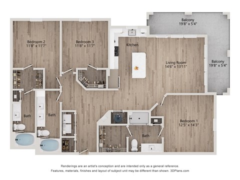 Floor plan for 3 beds, 3 baths, 1571 sqft