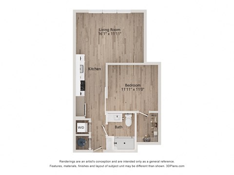 Floor plan for 1 bed, 1 bath, 629 sqft