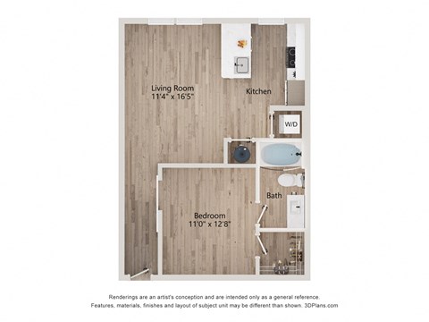 Floor plan for 1 bed, 1 bath, 667 sqft