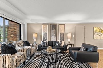 Minnetonka townhouse for rent - A living room with a black and white striped sofa, a black leather chair, and a coffee table with a glass top.