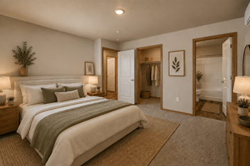 East Wenatchee apartment for rent - A bedroom with a large bed and a carpeted floor.