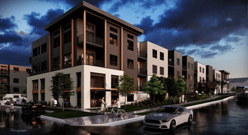Madison apartment for rent - A row of modern apartment buildings with cars parked in front.