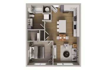 Omaha apartment for rent - A floor plan of a small apartment with a kitchen, living room, and bathroom.