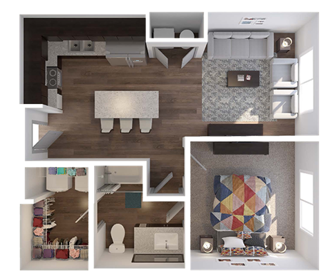 Floor plan for 1 bed, 1 bath, 666 sqft
