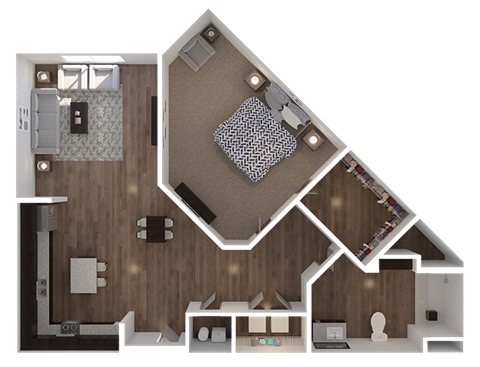 Floor plan for 1 bed, 1 bath, 762 sqft