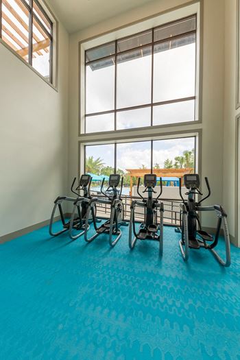 Cardio room with elliptical machines and large windows