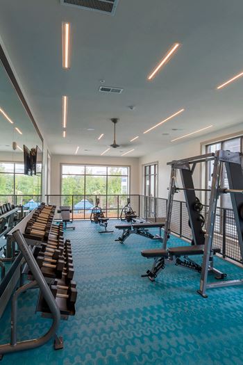 Weight room with dumbbells and strength training machines