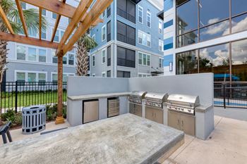 Outdoor kitchen with grills and covered dining area