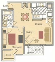 Floor plan for 1 bed, 1 bath, 800 sqft
