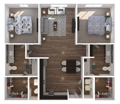Floor plan for 2 beds, 2 baths, 948 sqft