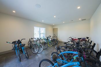Indoor bike storage room with tile flooring