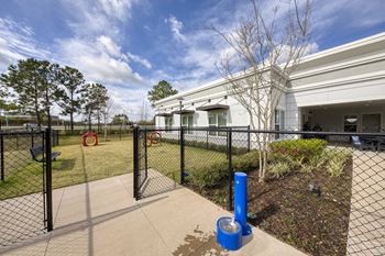 Fenced dog park with water fountain and exercise area