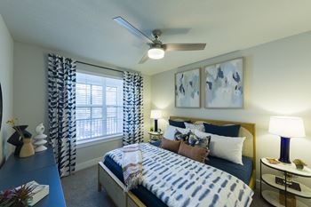 Modern bedroom with geometric patterned curtains
