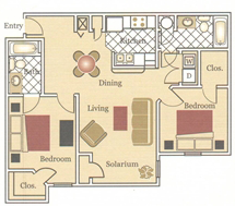 Floor plan for 2 beds, 2 baths, 1036 sqft