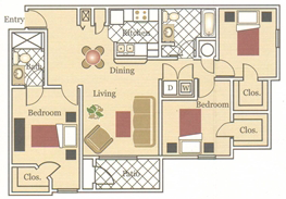 Floor plan for 3 beds, 2 baths, 1272 sqft