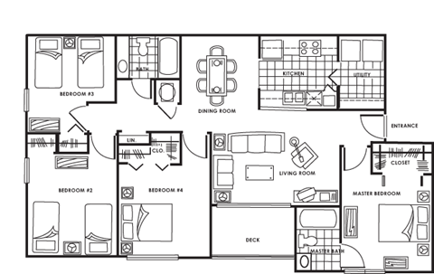 Floor plan for 4 beds, 2 baths, 1280 sqft