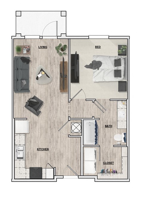 Floor plan for 1 bed, 1 bath, 653 sqft