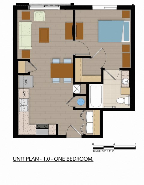 Floor plan for 1 bed, 1 bath, 618 sqft