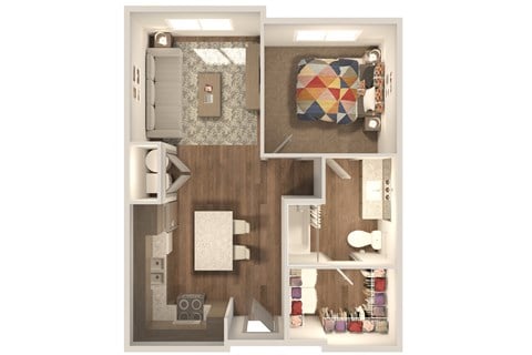 Floor plan for 1 bed, 1 bath, 666 sqft