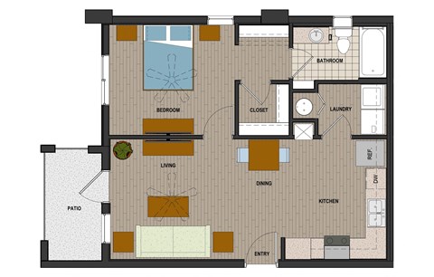 Floor plan for 1 bed, 1 bath, 700 sqft
