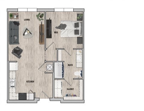 Floor plan for 1 bed, 1 bath, 699 sqft