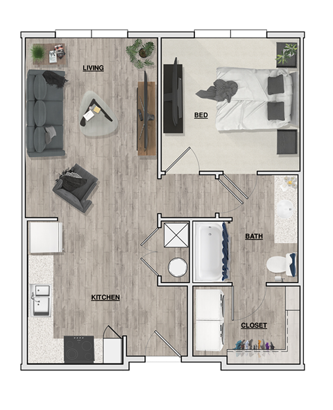 Floor plan for 1 bed, 1 bath, 653 sqft