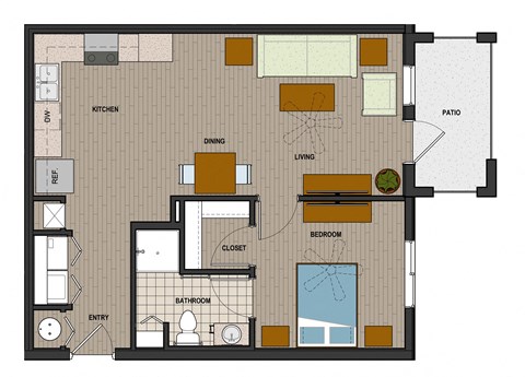 Floor plan for 1 bed, 1 bath, 700 sqft