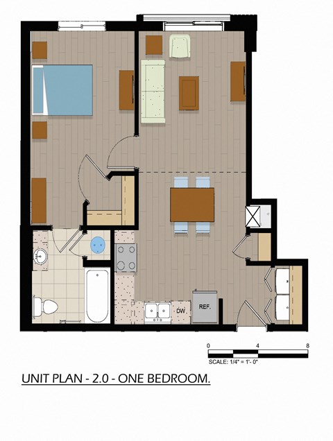 Floor plan for 1 bed, 1 bath, 681 sqft