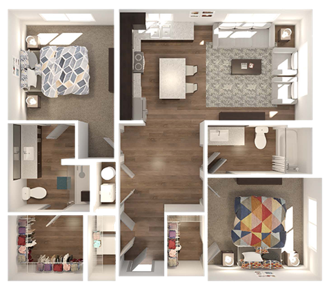 Floor plan for 2 beds, 2 baths, 1013 sqft