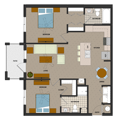 Floor plan for 2 beds, 2 baths, 1010 sqft