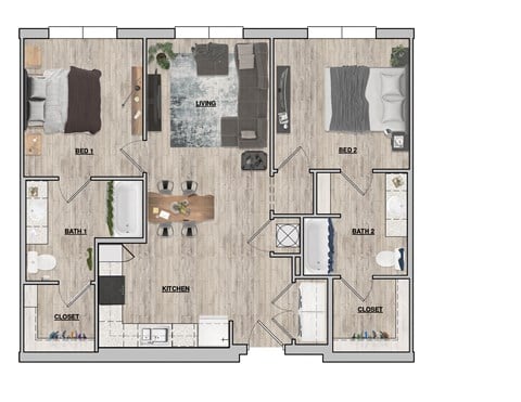 Floor plan for 2 beds, 2 baths, 1012 sqft