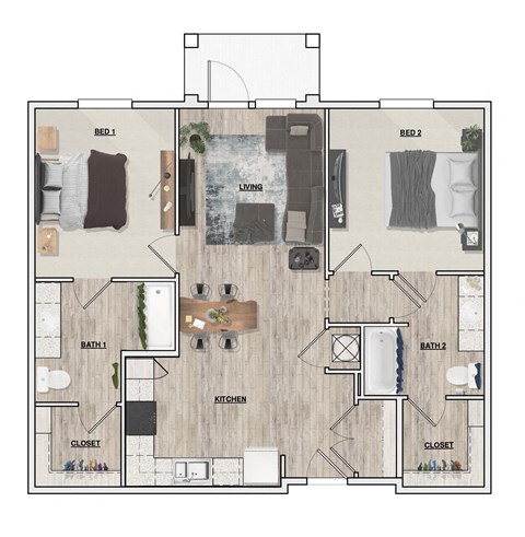 Floor plan for 2 beds, 2 baths, 947 sqft