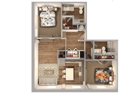 Floor plan for 2 beds, 2 baths, 1129 sqft