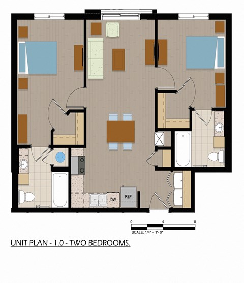 Floor plan for 2 beds, 2 baths, 915 sqft