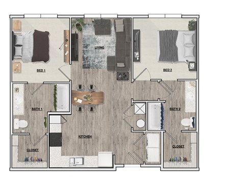 Floor plan for 2 beds, 2 baths, 947 sqft