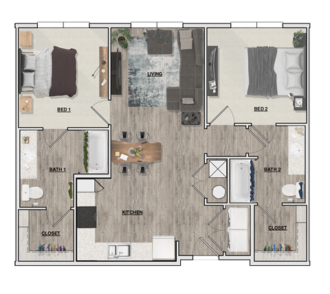 Floor plan for 2 beds, 2 baths, 947 sqft